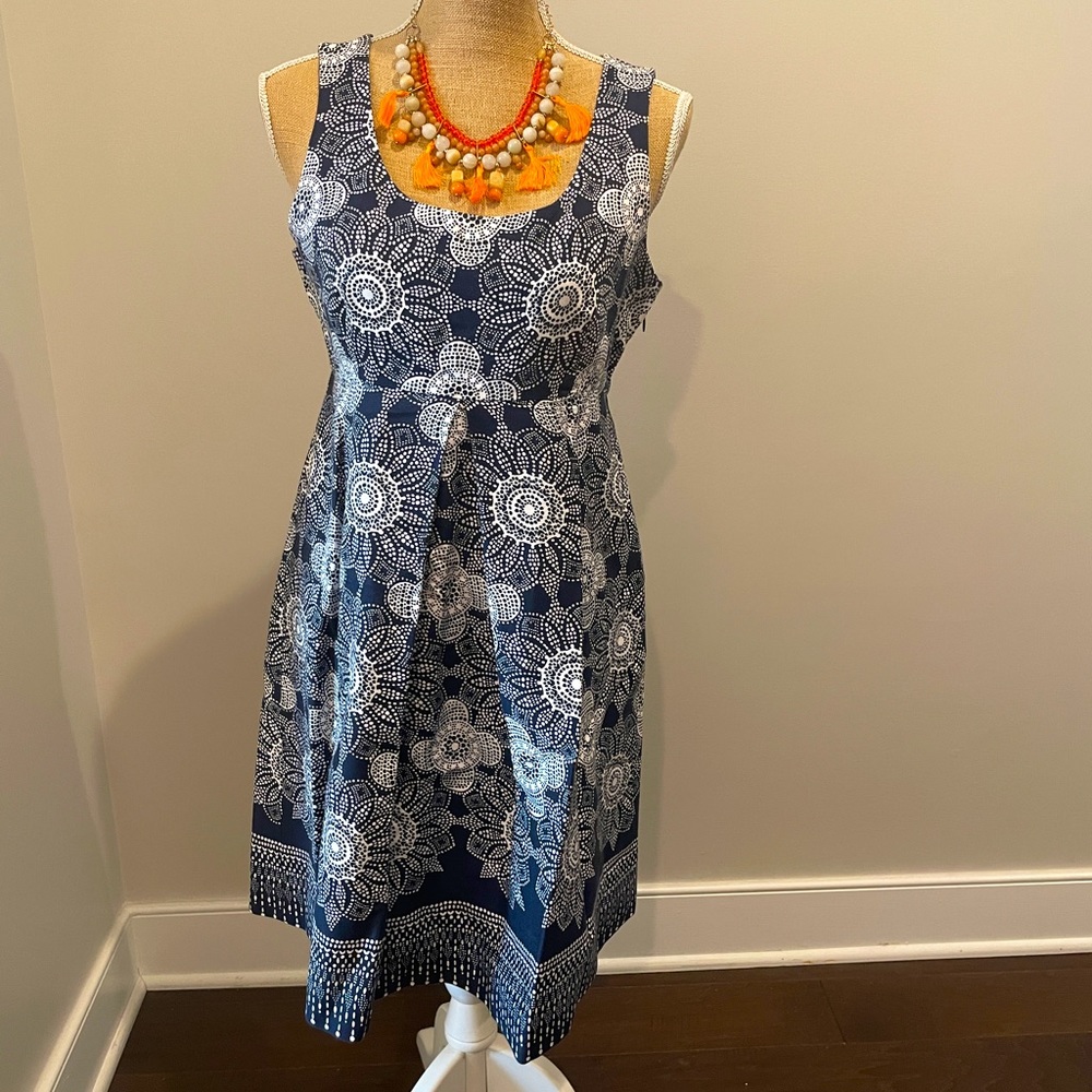 Francis 8 Blue White Flower and Dot Empire Waist Dress